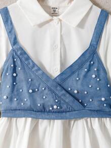 SHEIN 青少年女孩梭织翻领开襟荷叶边袖长袖修身衬衫裙和梭织串珠吊带背心两件套，适合春季外出、返校