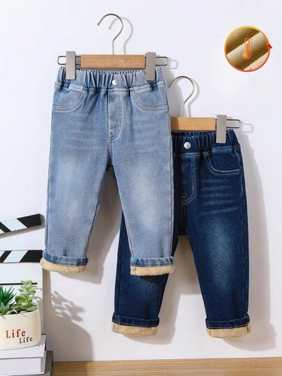 SHEIN Playful Pals 2 Stücke/Set Baby Mädchen Lässig einfache Fleece dehnbare elastische bequeme Jeans, warm für Herbst/Winter
