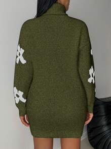 Chiquease Women's Elegant Floral Pattern Turtleneck Drop Shoulder Loose Fit Sweater Dress, Autumn/Winter - Green - View 2