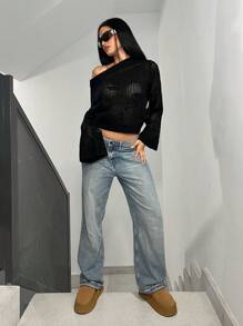 SHEIN Unity Maglione a maniche lunghe in maglia con stampa asimmetrica a teschio cavo, abbigliamento casual da donna per l'autunno e l'inverno - nero - Visualizzare 5