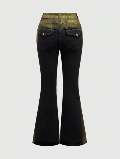 Goth Jeans de mujer de estilo vintage con botones delanteros, bolsillos y estampado de lámina vintage