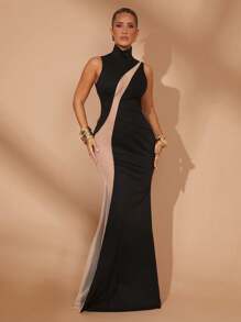 Lumalex 结婚周年纪念春节聚会季节情人节高领长袖网眼撞色女式连衣裙