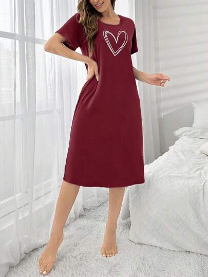 Crew Neck Short Sleeve Minimalist Heart Print Nightgown, Moo view 5