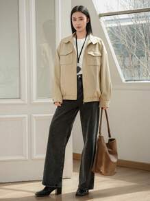 Dazy-Less Chaqueta casual y holgada de unicolor con bolsillos, manga larga, estilo utilitario, ropa de otoño para mujer