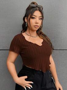 SHEIN EZwear 大码纯色荷叶边 T 恤，休闲日常穿着 - 咖啡棕 - 查看 3