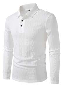 Manfinity Homme Men's Solid Color Front Button Long Sleeve Simple Casual Polo Shirt - White - View 3
