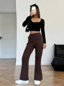 SHEIN Teenager Girls' Soft Knit Sweater & Flared Pants Loungewear Set