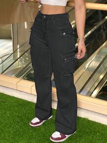 Stylish Vintage Chic Y2K Cargo Pants - High-Waisted, Wide-Leg, Pocketed, Comfortable, Casual, Street-Stylish Denim Trousers For The Curvaceous Woman