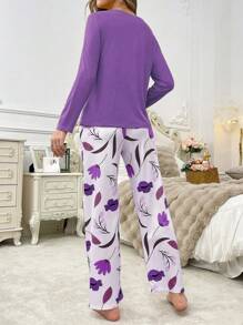 Printed Pocket Long Sleeve Top And Printed Pants Pajama Set, Fall Winter Clothes - Purple - View 2