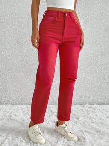 SHEIN Frenchy Solid Color Simple Fashionable Casual Everyday Denim Jeans Christmas New Year Red - Red - View 5