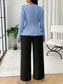 SOLERSUN Solid Color Square Neck Double Breasted Flap Detail Blazer Fall Cloth For Women - Baby Blue - View 2