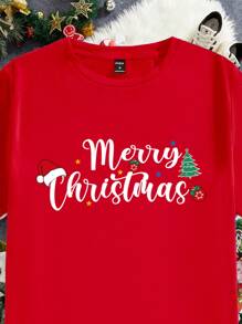 Manfinity Homme Manfinity Men Christmas Logo Print Classic Round Neck T-Shirt, Casual Style, Christmas Gift Men Red T-Shirt