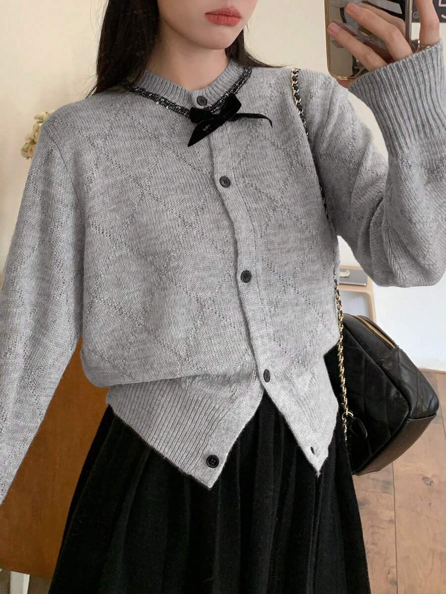 DAZY 女士秋季新款休闲前扣开衫，秋季女装 - 灰色 - 查看 1