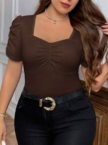 SHEIN Privé Plus Size Women Ruched Scoop Neck Drawstring Puff Short Sleeve Fitted White T-Shirt - Brown - View 6