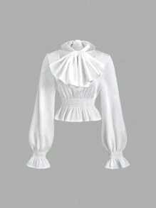 Sweetra Ruched Satin Bow Blouse With Detachable Bow Accent, Elegant Puff Sleeve Shirt For Classy Lady, Autumn/Winter For Holiday Party Clothes Peplum Top - White - View 1