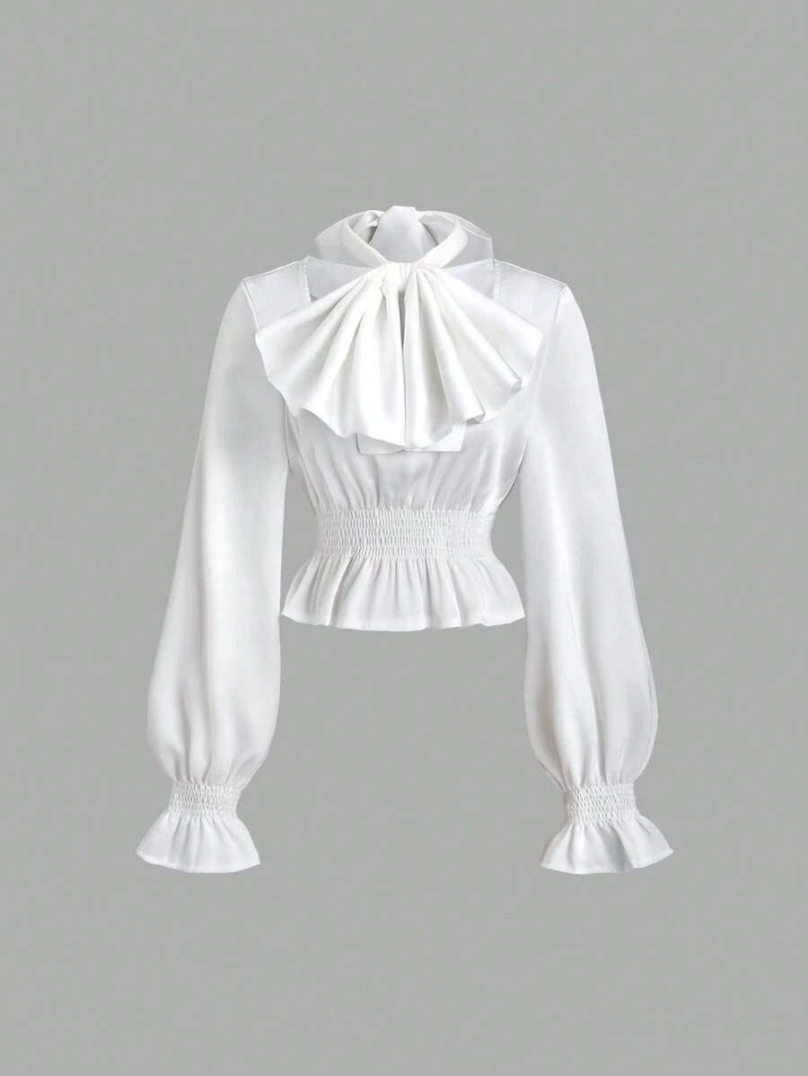 Sweetra Ruched Satin Bow Blouse With Detachable Bow Accent, Elegant Puff Sleeve Shirt For Classy Lady, Autumn/Winter For Holiday Party Clothes Peplum Top - White - View 1