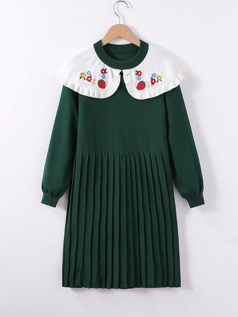 SHEIN 女童刺绣撞色翻领和彼得潘领褶皱毛衣裙,适合派对和外出。设计精美,乡村风格 - 墨綠色 - 查看 1