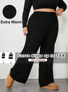 SHEIN CURVE+ Plus Size Women Solid Color Minimalist High Waist Jacquard Flare Pants, Knitted Trousers For Casual Daily Wear, Autumn & Winter - Black - View 3