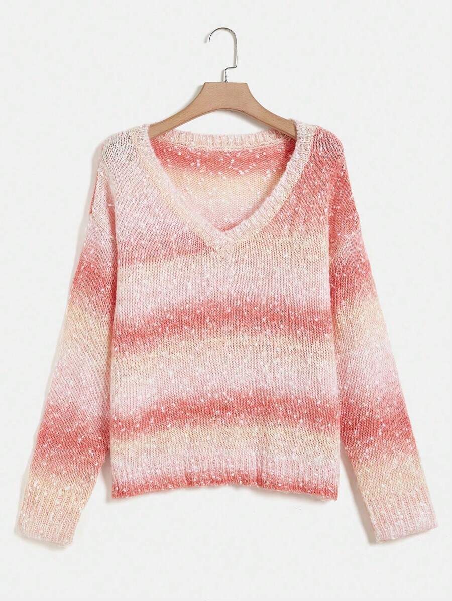 SHEIN LUNE ملابس علوية كاجوال بياقة على شكل حرف V وأكمام طويلة، بتدرج لوني، ملابس علوية محبوكة للارتداء اليومي في فصلي الخريف والشتاء - متعدد الألوان - مشاهدة 1