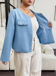 SHEIN Clasi Damen Große Größen Jacke mit Metallknopf-Dekor in Unifarbe, Langarm - Blau - Übersicht 7