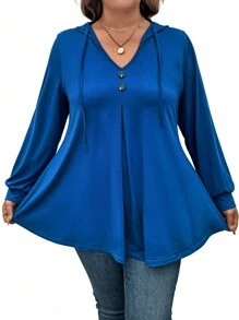 Casual Hooded Long Sleeve Knit T-Shirt, Solid Color, Plus Size