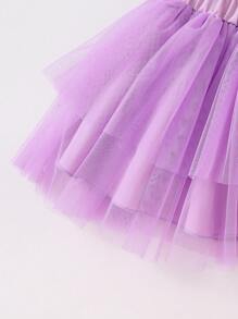 2pcs/Set Girls' Minimalistic Purple Long Sleeve Sweatshirt & Tulle Skirt Outfit