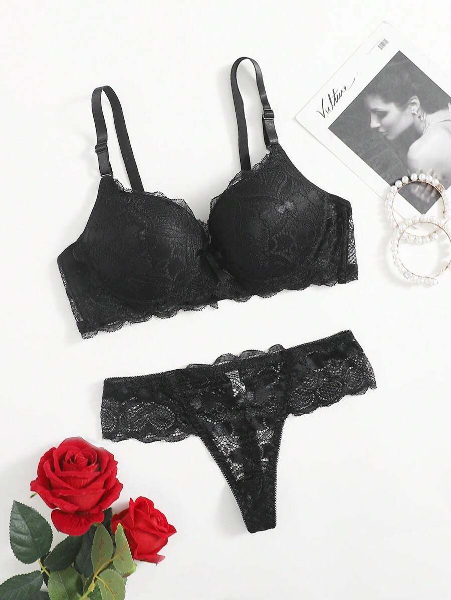 Floral Lace Super Push Up Bra & Panty Lingerie Set - Black - View 1
