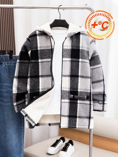 Tween 男童休闲宽松连帽格子毛绒羊毛夹克，适合通勤、上学、日常休闲、运动、秋冬季
