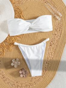 SHEIN Swim Spaghetti Strap Halter Neck Crop Top And Thong Bikini Set Summer