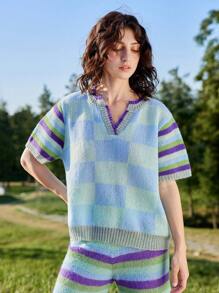 Skyraze Women's V-Neck Short Sleeve Plaid Sweater, Casual Everyday Wear,Geometric Pattern - Multicolor - View 6