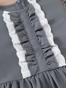 PrepCrw Young Girls' Autumn/Winter College Style Navy Blue Lace Trim Woven A-Line Ruffle Hem Decor Dress