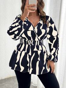 Celure Long Sleeve Wrap Collar Criss-Cross Umbrella Hem Geometric Print Shirt Peplum Top