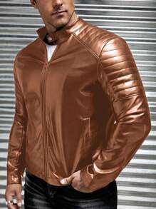 Manfinity VCAY Loose Fit Men's Zip-Up PU Leather Jacket, For Fall Winter - Coffee Brown - View 5