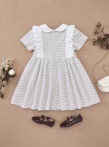 PrepCrw Young Girls' Khaki Woven Cinched Waist Color Block Collar A-Line Dress, Spring And Autumn