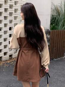 DAZY 女式纯色拼接圆领长袖前系带休闲短款溜冰裙，秋季连衣裙 - 彩色 - 查看 6