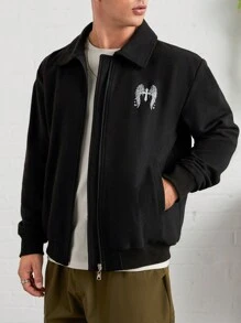 RueChic Men Angel And Cross Printed Zip Up Regular Jacket - Black - View 1