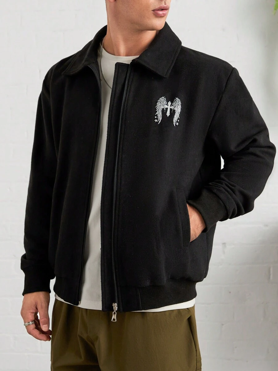 RueChic Men Angel And Cross Printed Zip Up Regular Jacket - Black - View 1