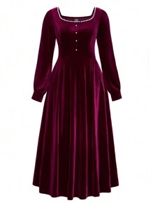 SHEIN Clasi Vestido de manga larga elegante con cuello de terciopelo y adornado con perlas para mujeres talla grande, outfit de invierno color burdeos para mujeres