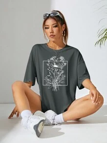 INAWLY Áo thun dài tay/ngắn tay in họa tiết hoa mùa hè, kiểu dáng thường ngày, thích hợp cho nữ. - Màu xám đen - Xem 4