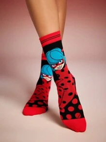 Miraculous Ladybug X SHEIN 2 pares de calcetines con estampado de figuras de dibujos animados y lunares a rayas de medianos para mujeres