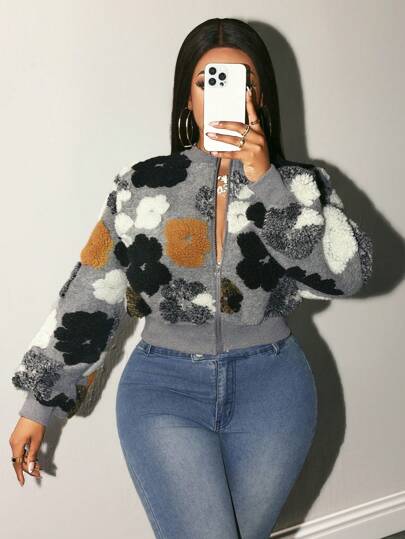 BamGleam Colorful Flower Fabric For Jacket Design With Front Center Zipper Decoration Fall Winter Cloth For Women