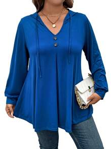 Casual Hooded Long Sleeve Knit T-Shirt, Solid Color, Plus Size