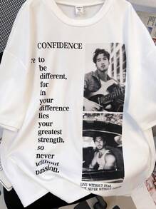 SHEIN 青少年男孩休闲运动舒适简约百搭可爱柔软 T 恤，带有肖像和字母设计，适合上学、旅行、运动、秋冬季 - 白色 - 查看 8