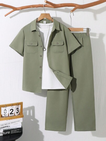 Set de 2 piezas con camisa de manga corta de unicolor con bolsillo en el pecho y pantalones largos de cintura elástica para niños preadolescentes, adecuado para otoño, primavera, verano, juegos al aire libre, escuela, estilo callejero, fiesta y uso informal