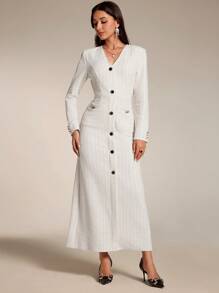 Modelyn Abito lungo elegante da donna con scollo a V, manica lunga, monopetto, in tinta unita, abiti da sera - Beige - Visualizzare 1