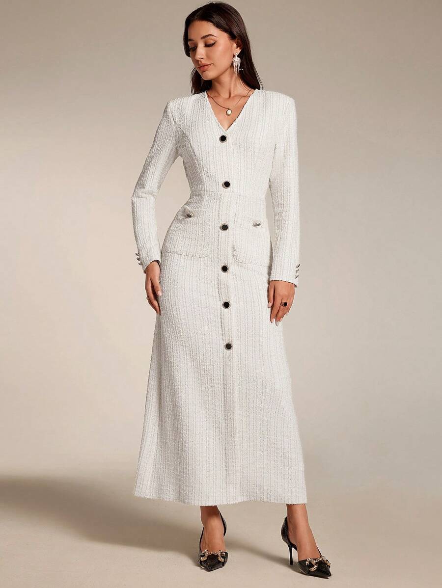 Modelyn Abito lungo elegante da donna con scollo a V, manica lunga, monopetto, in tinta unita, abiti da sera - Beige - Visualizzare 1