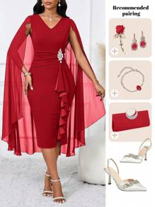 SHEIN Lady 女士优雅斗篷结构蓝色透视正式晚礼服秋季女装四季蓝色连衣裙和皇家蓝色女士连衣裙性感连衣裙