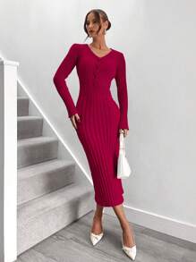Roylia Elegant Twist Decor Fitted Solid V-Neck Long Sleeve Sweater Dress Fall Cloth For Women
