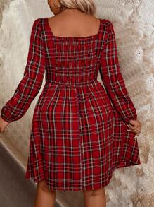 EMERY ROSE Plus Size Women's Casual Plaid Bow Tie Sweetheart Neck Lantern Sleeve Dress, Spring/Summer For New Year Fall Cloth For Women - Red - View 2