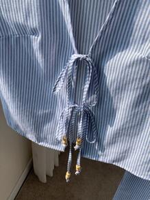 Comfortcana Women's Casual Tie Front Bow Sleeveless Blouse And Loose Striped Pants Set - Blue and White - View 4